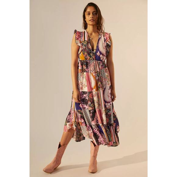 Anthropologie Patchwork Print Ruffle Shoulder Swing Dress Size 12 Petite - Picture 3 of 13